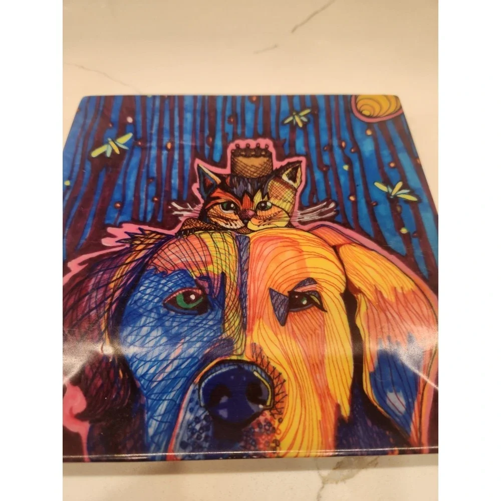 Solveig Studios Hand Painted Made In USA Colorful Cat And Dog 7x7‎ Inch Plate